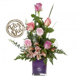 Vase of roses with alstroemeria + happy day topper