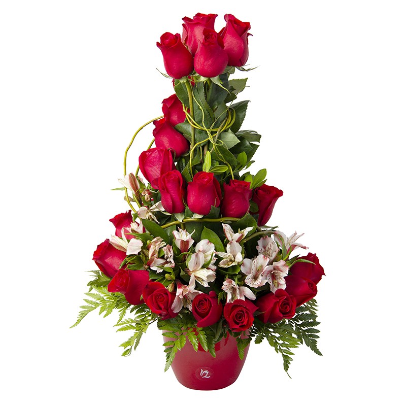 Arrangement of 24 red roses with alstroemeria in Ceramic Base