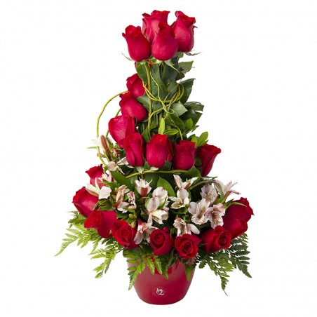 Ceramic arrangement with 24 red roses and astromelias