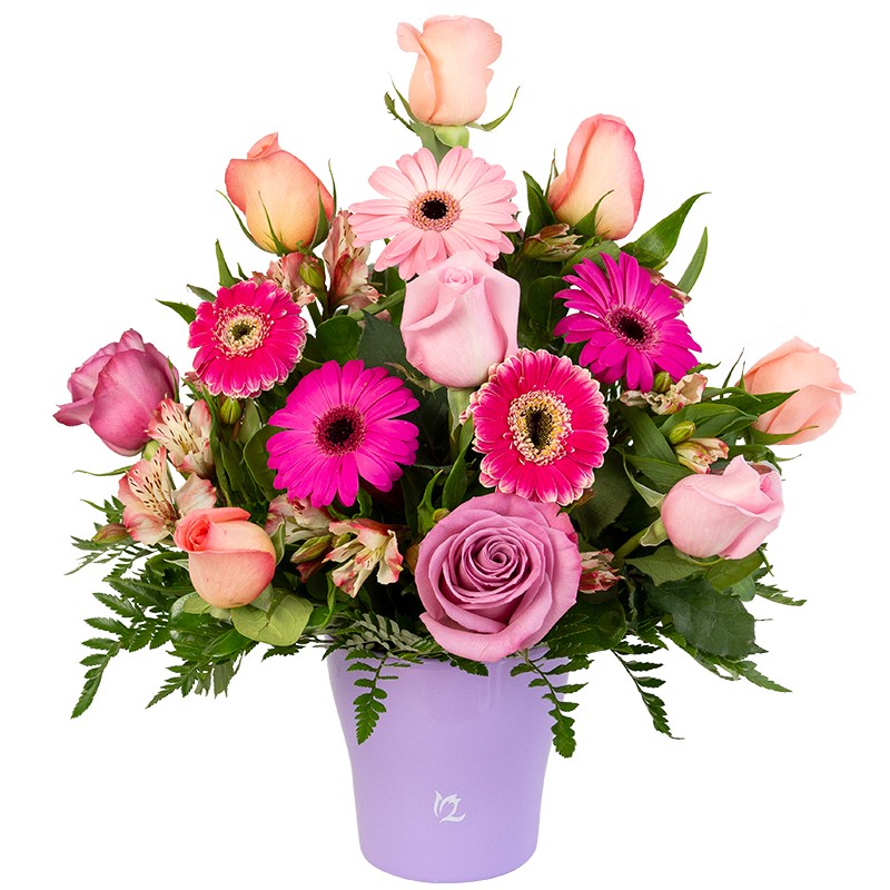 Ceramic arrangement with roses, minigerberas and alstroemerias