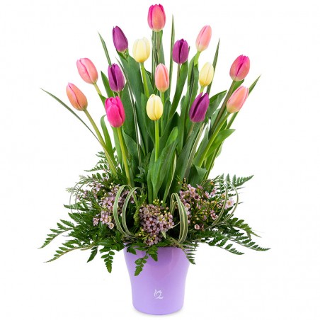 Arrangement of 15 pastel tulips on Ceramic Base