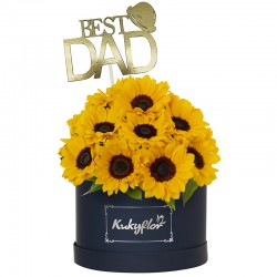 Low blue box with 10 sunflowers + the best dad...