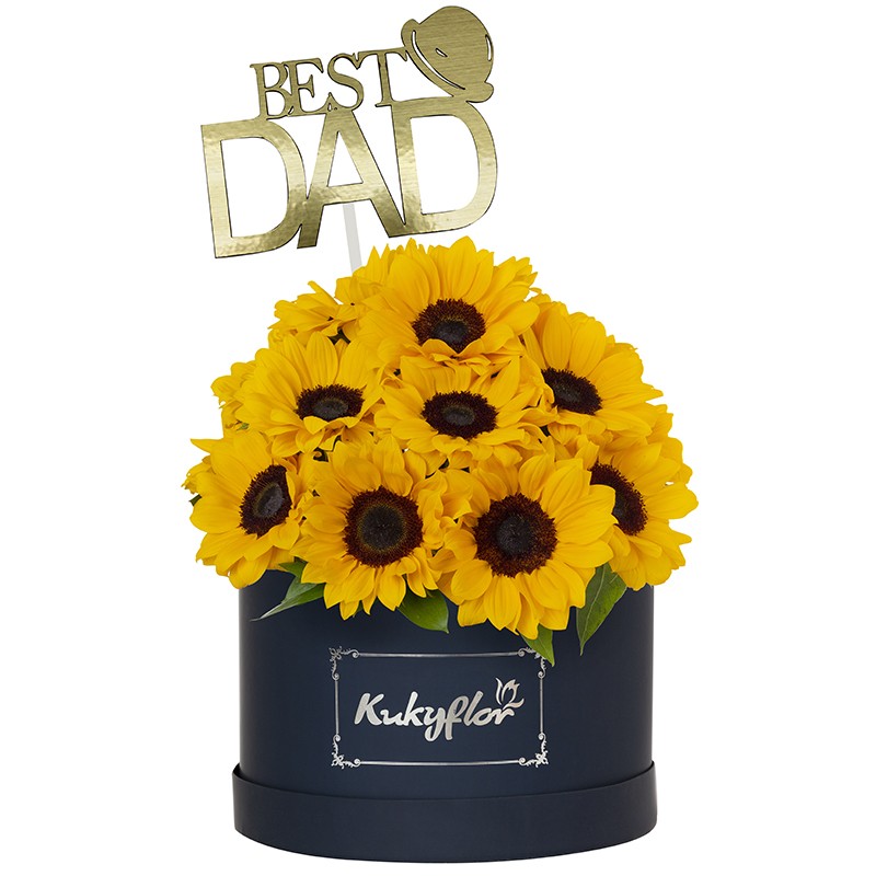 Low blue box with 10 sunflowers + the best dad toppers
