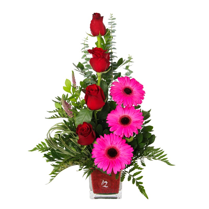 Rose bucket with gerberas