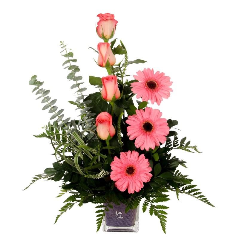 Rose bucket with gerberas