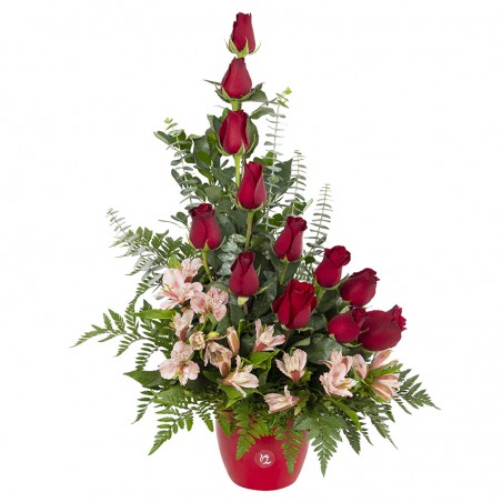 Ceramic arrangement with 12 red roses and alstromeliads