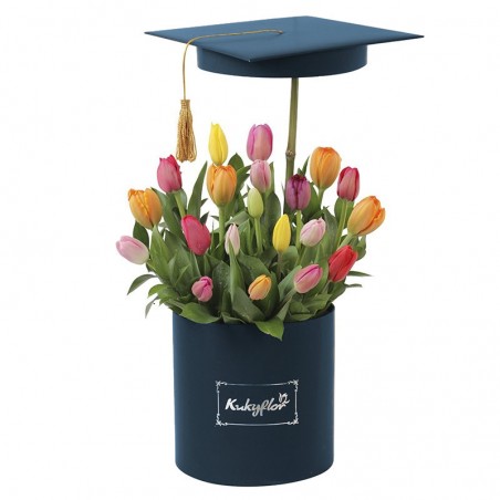 Box azul de graduación con 20 tulipanes