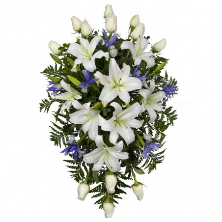 Lágrima de rosas blancas, iris y lilium