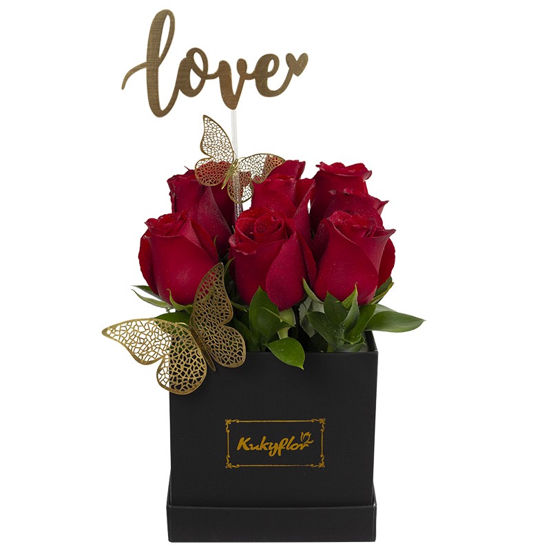 Box of 9 roses with topper