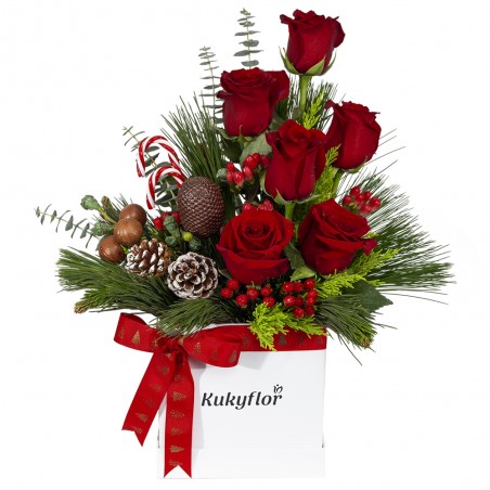 Box navideño con 6 rosas rojas