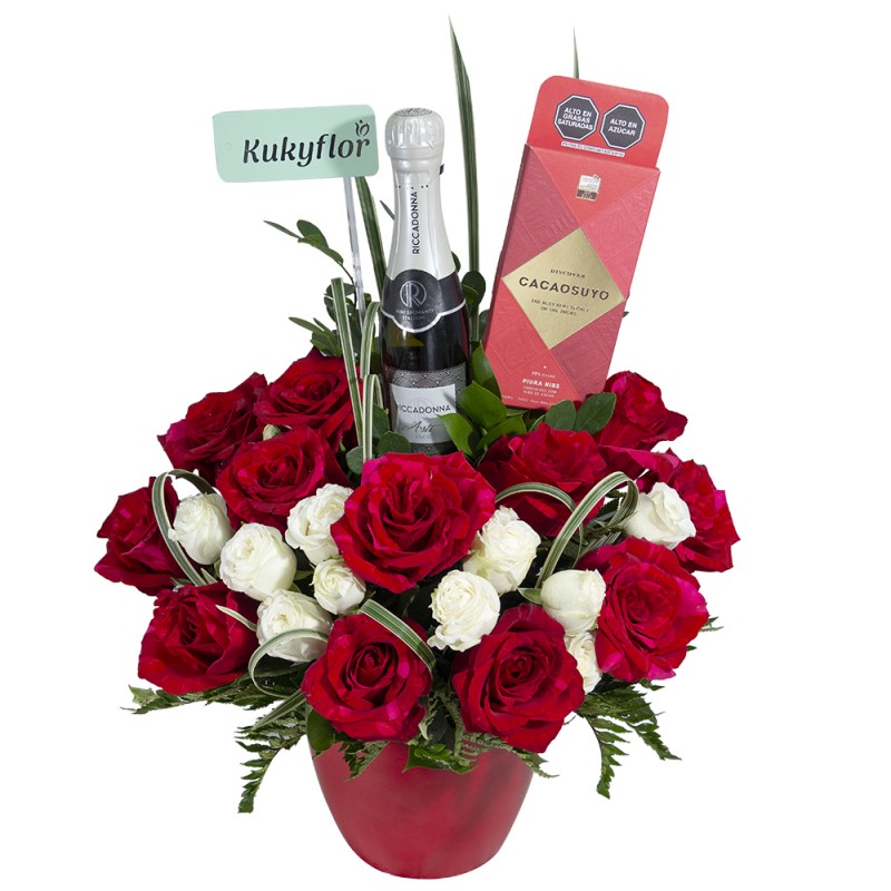 Arrangement of 12 red roses, 5 mini roses with wine and chocolate