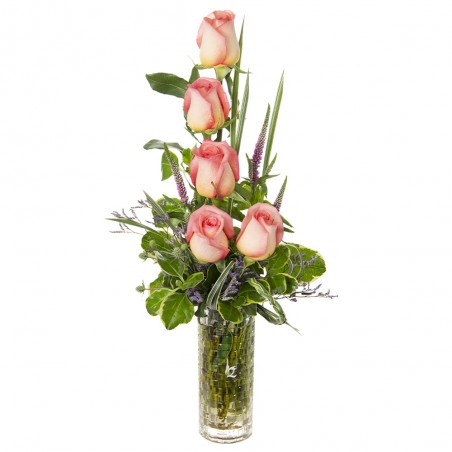 Decorative arrangement of 5 roses in a vase