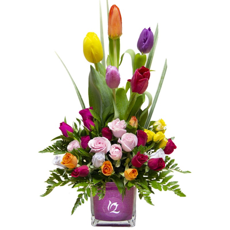 Arrangement of 5 multicolored tulips and mini roses