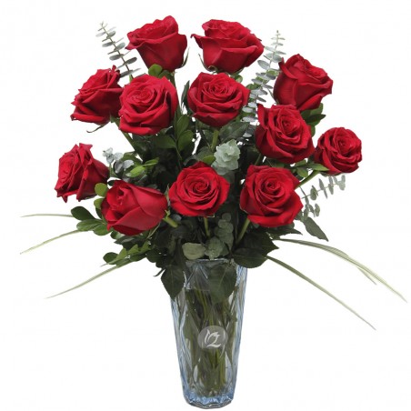Arrangement of 12 red roses in a vase