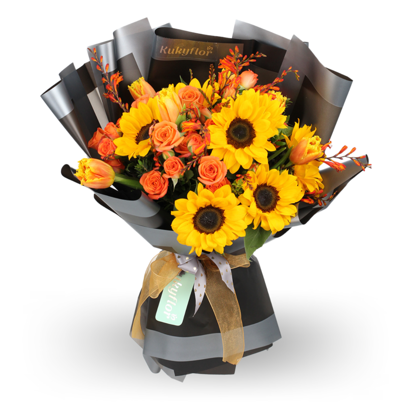 Premium bouquet with sunflowers, tulips and mini roses