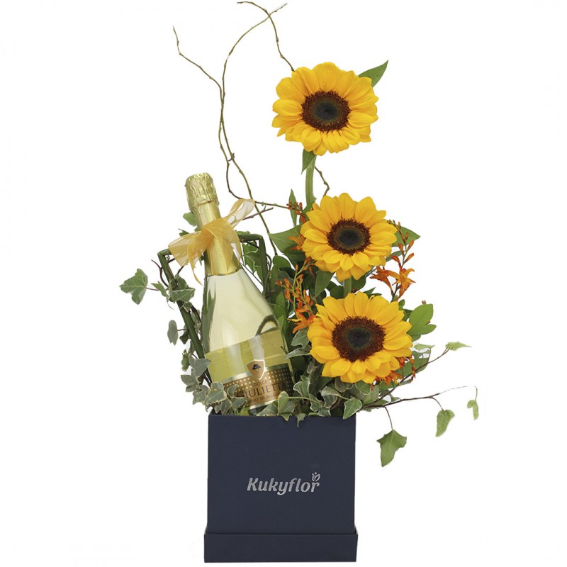 Box of Sunflowers with sparkling wine