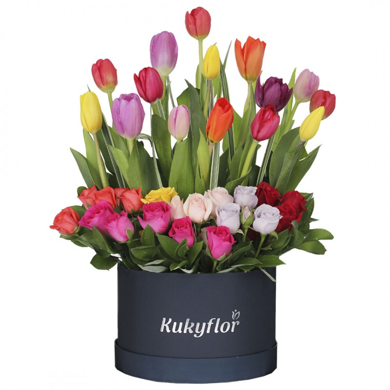 Box Top Colored Mini Roses and Tulips
