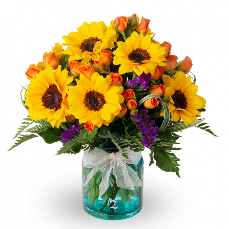 Arrangement of 10 Sunflowers and Mini Roses in a light blue vase
