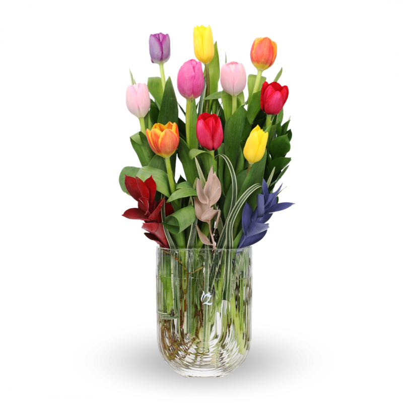 Arrangement of 10 multicolored tulips in a vase