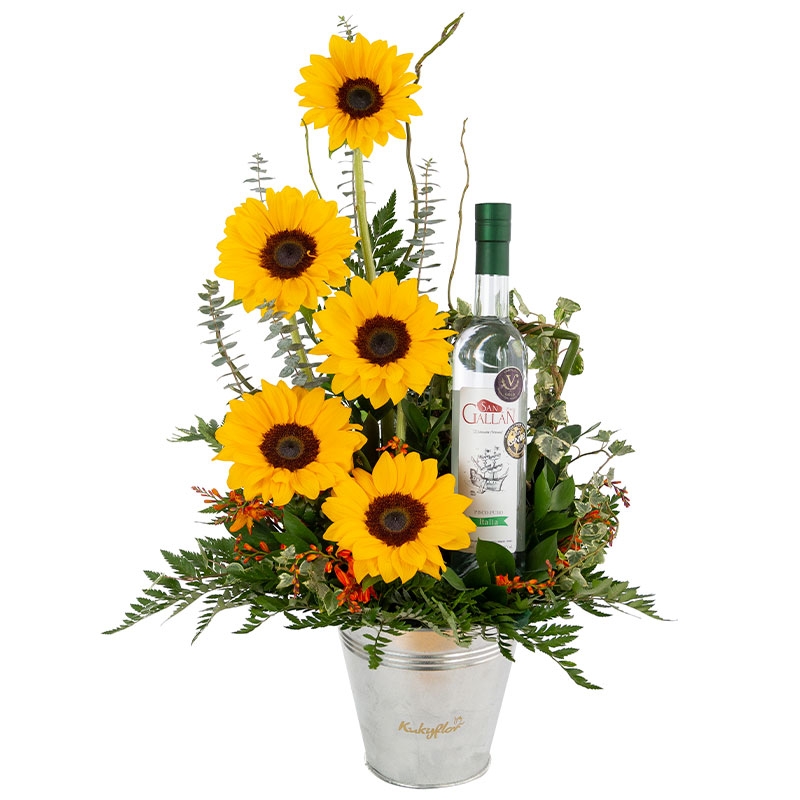 Arrangement of Sunflowers with cooler and pisco
