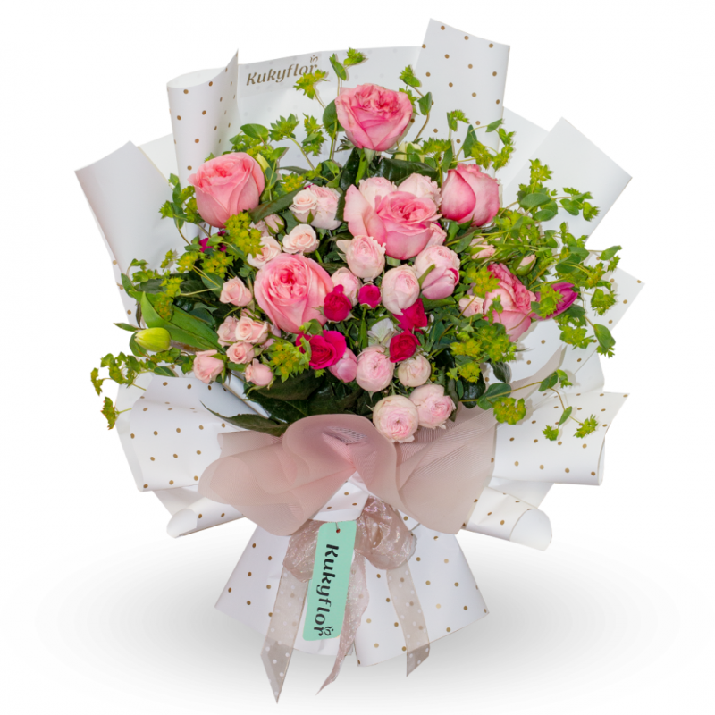 Ramo de rosas de jardín, tulipan y mini rosa