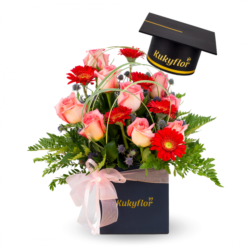 Pink Roses with Mini Red Gerberas Graduation Box Top
