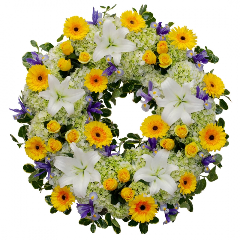 Wreath of roses, gerberas and irises