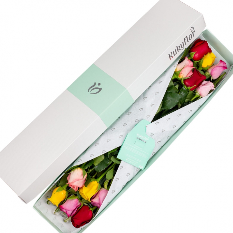 Caja de 12 rosas multicolores