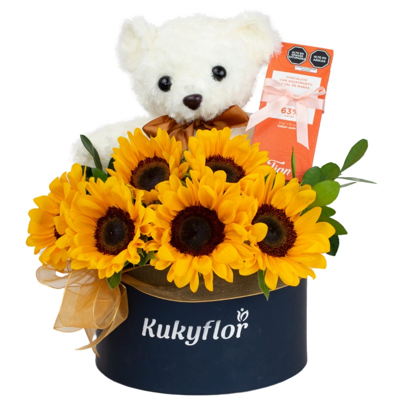 Low box with 6 sunflowers, bear and chocolate