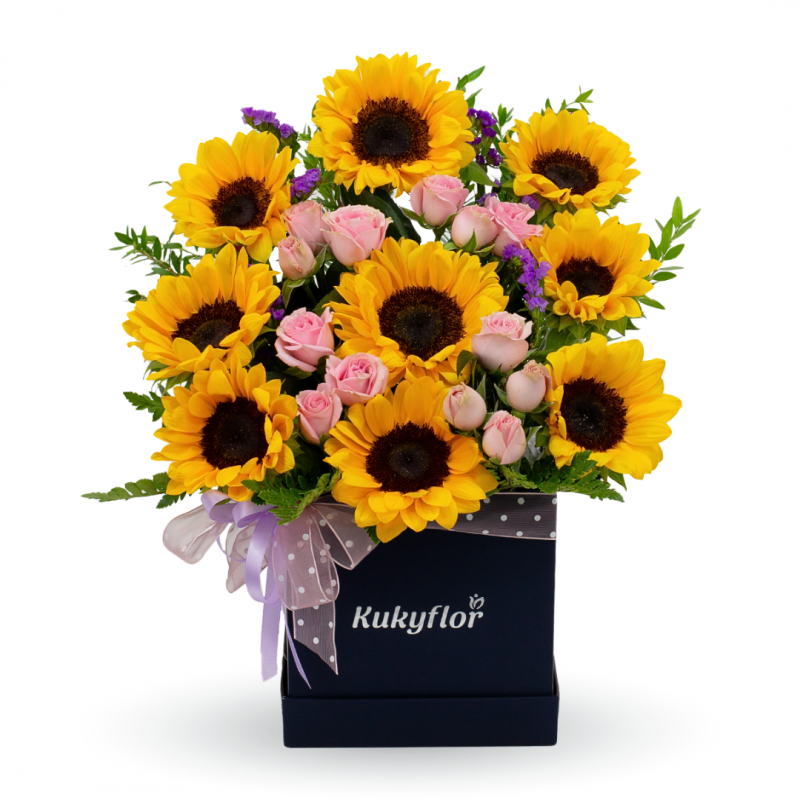 9 Sunflowers with mini roses Box Top