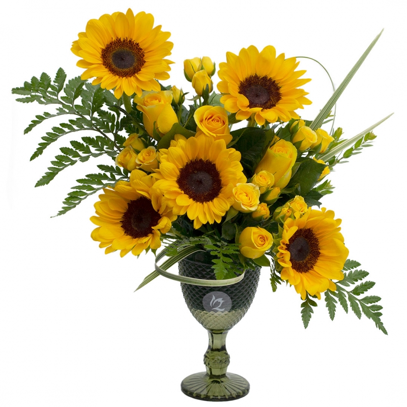 Sunflower arrangement with yellow roses
