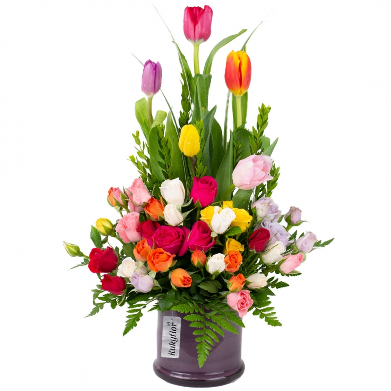 Mère - Arreglo de 5 tulipanes con mini rosa