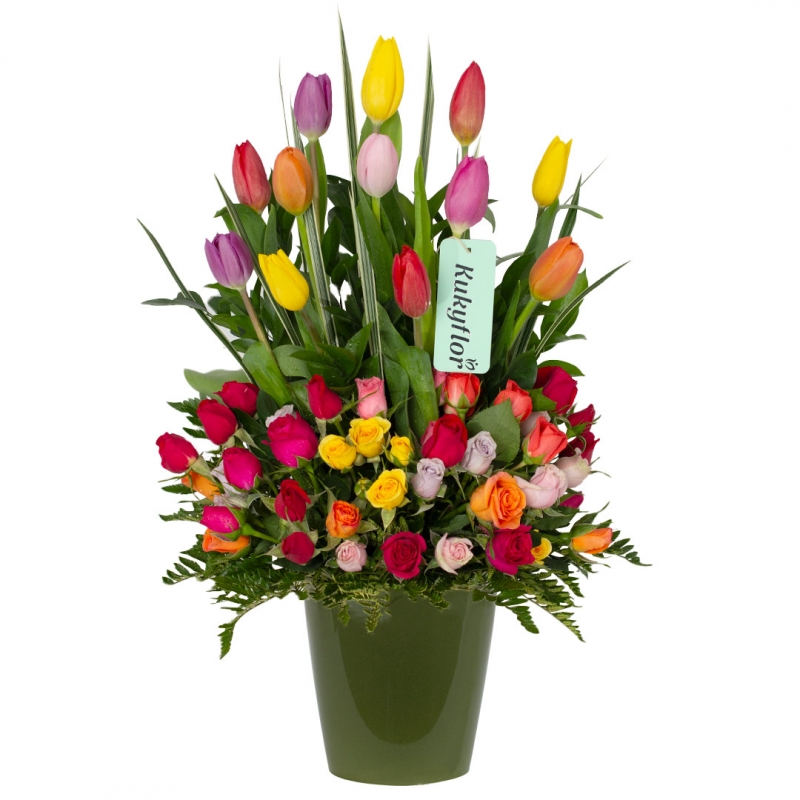 Arrangement of 12 tulips and mini roses on a ceramic base