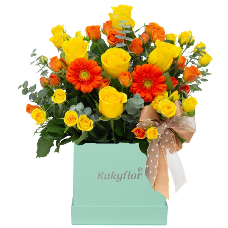 Rosas, mini gerberas, mini rosas de dos colores box top