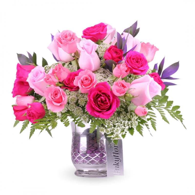 Arreglo de 6 Rosas Rosadas y Minirosas Pasteles