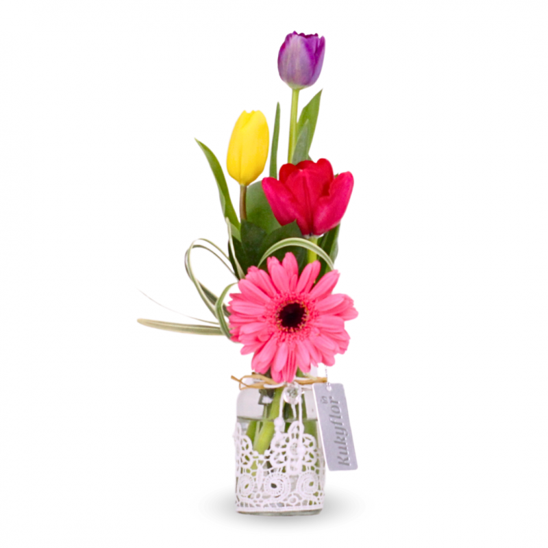 Arreglo de 3 tulipanes con mini gerbera - Regalos florales