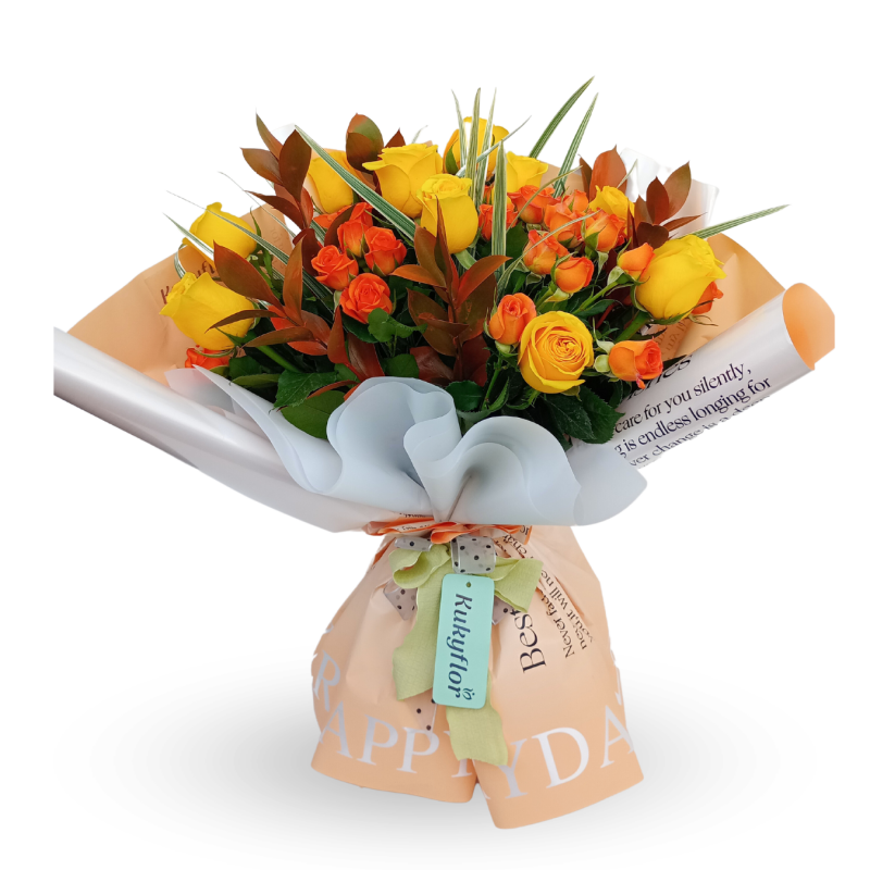 Bouquet of 12 yellow roses with mini orange roses