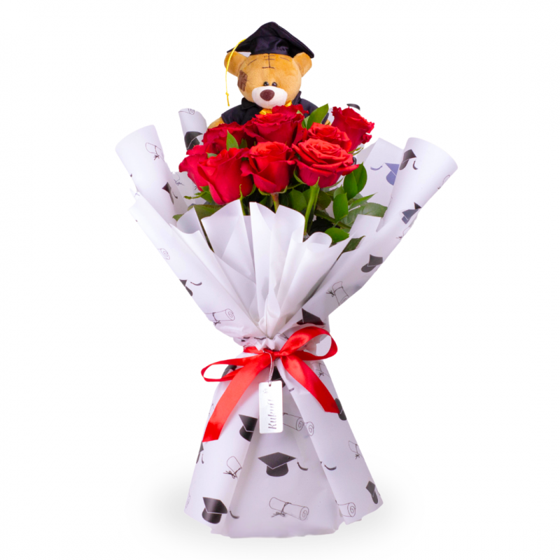 Bouquet of 10 red roses with a graduated bear