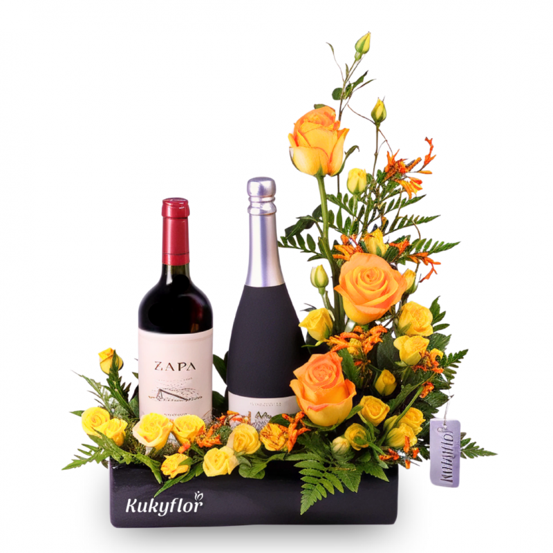 Arreglo de Rosas y Minirosas + Vino y Set de Accesorios