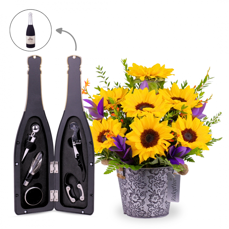 7 Girasoles en Jardinera Labrada y set para vino D