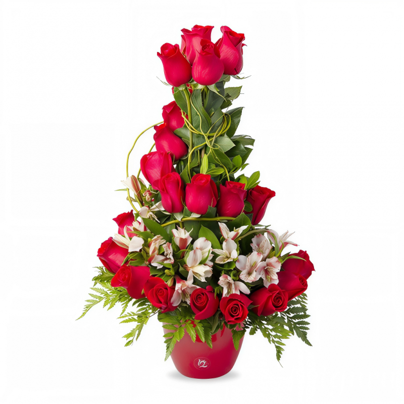 Arreglo de 24 rosas rojas con alstroemeria en Base de Cerámica