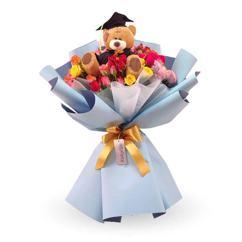 Graduation Bouquet of 20 Multicolor Mini Roses and D Bear