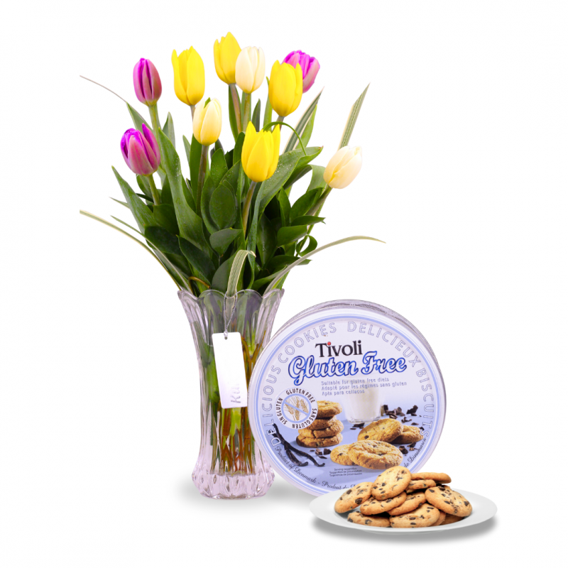 Vase of 10 tulips and accessories