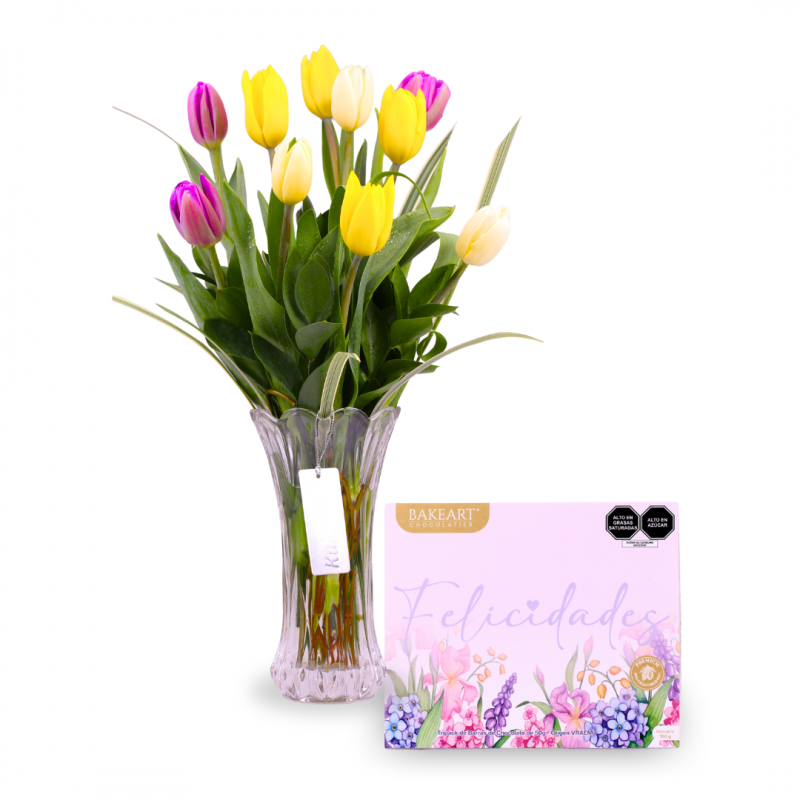 Florero de 10 tulipanes y complemento