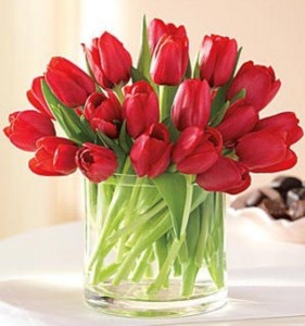 Florero de vidrio con tulipanes rojos