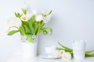 Hermosas flores blancas en maceta de plástico blanca.