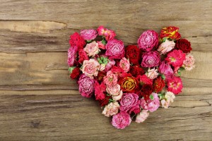 Heart of beautiful dry flowers on wooden background